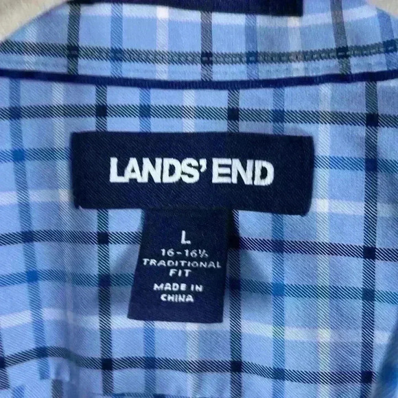 Lands End Shirt Blue Men’s Large Plaid Twill 100% Cotton Crisp - Picture 3 of 6